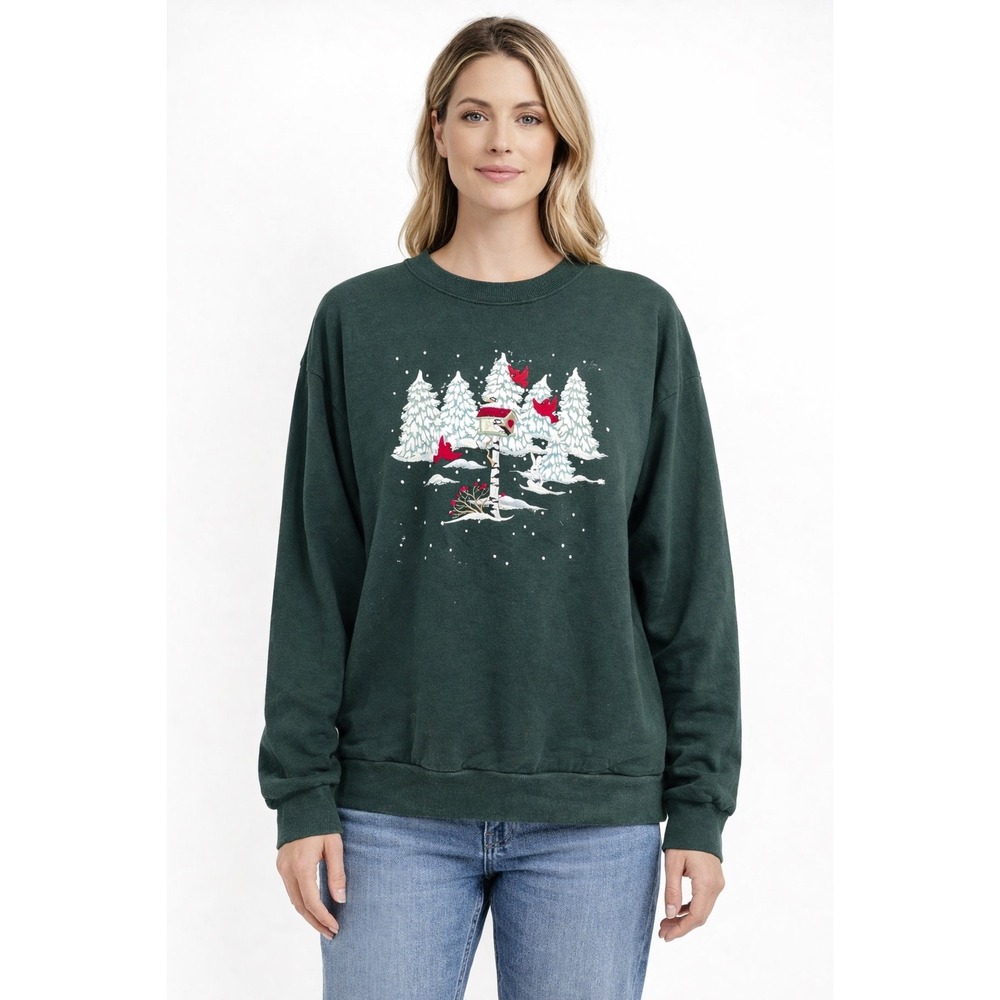Vintage Forest Green Winter Cardinal‎ Birdhouse Graphic Sweatshirt XL